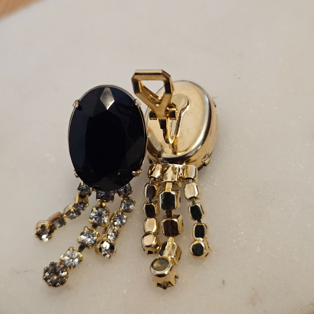 VTG Black Faceted Ball Bead Sparkly Crystal gray clear Dangle Clip On Earrings